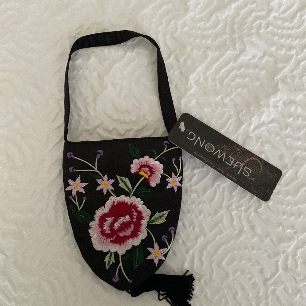 Sue Wong floral embroidered satin handbag with tassel XS NWT